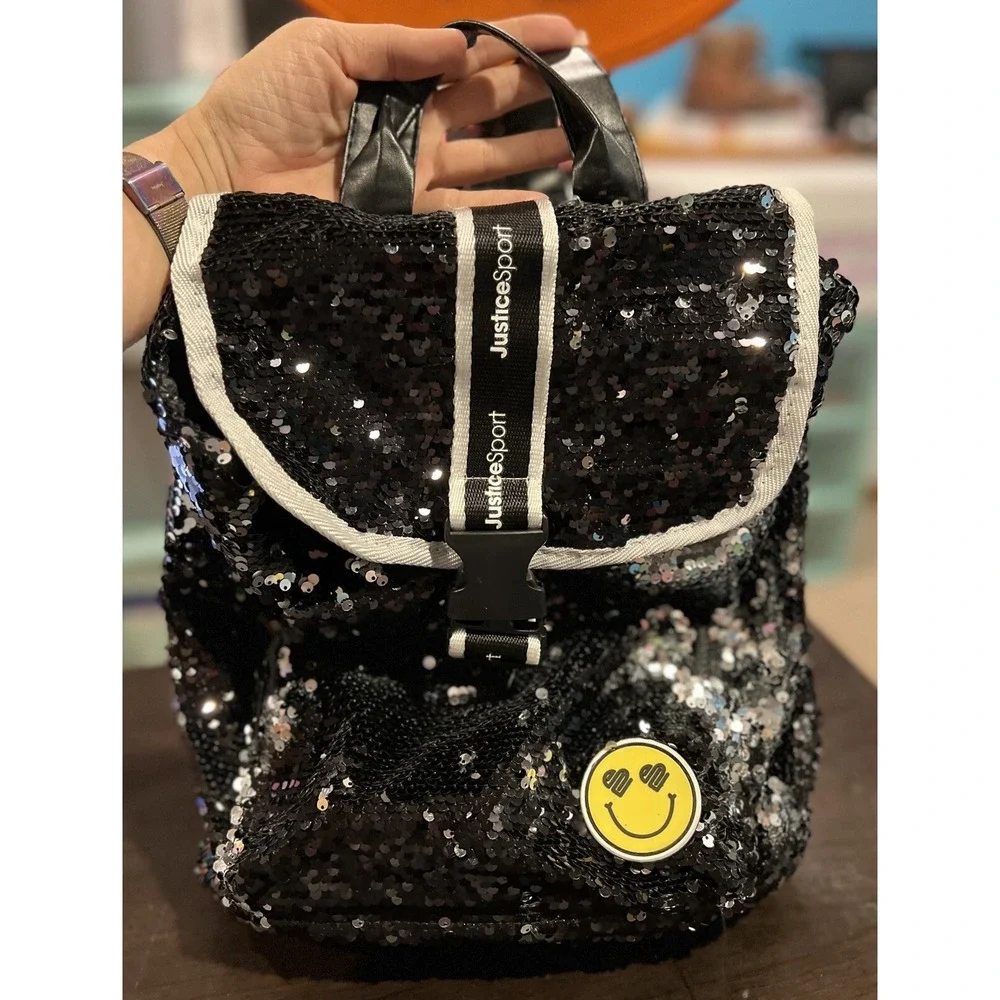 Justice Sport Black Sequin Backpack Bookbag Sequin‎ Bling School NWOT